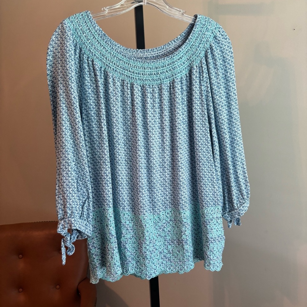 Fever‎ Blue Smocked 3/4 Sleeve Blouse
